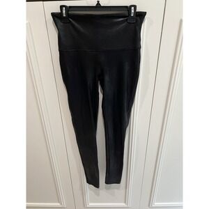 SPANX 2437 Black Faux Leather High Waist Shape Waistband Slimming Leggings XL